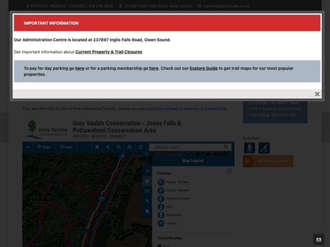 Screenshot of the Jones Falls homepage at www.greysauble.on.ca/portfolio/jones-falls-pottawatomi-conservation-area, captured 2026-08-13, shown as the evidence for the review on this page