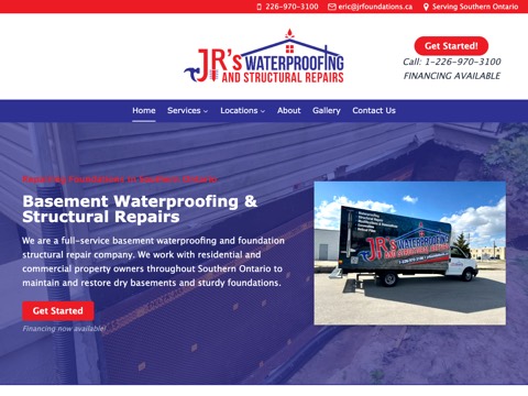 Screenshot of the JR's Waterproofing and Structural Repair homepage, jrfoundations.ca, captured 2026-08-13, shown as the evidence for this review