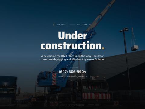Screenshot of the JTM Cranes homepage, jtmcranes.com/under-construction, captured 2026-08-13, shown as the evidence for this review