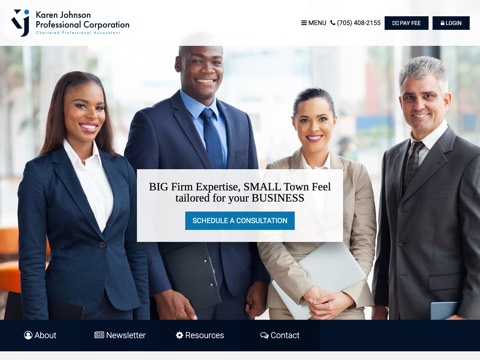 Screenshot of the Karen Johnson CPA Professional Corporation homepage, www.kjohnsoncpaprofcorp.ca, captured 2026-08-19, shown as the evidence for this review