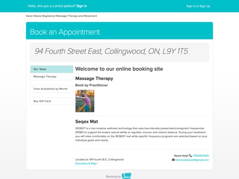 Screenshot of the Karen Steele Registered Massage Therapy homepage, karensteele.janeapp.com:443, captured 2026-08-19, shown as the evidence for this review