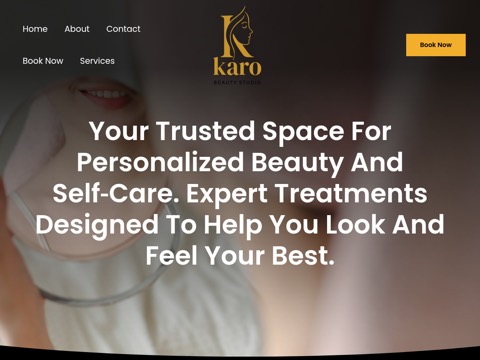 Screenshot of the Karo Beauty Studio homepage, karobeautystudio.com, captured 2026-08-19, shown as the evidence for this review