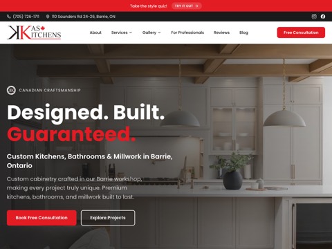 Screenshot of the Kas Kitchens homepage, kaskitchens.ca, captured 2026-08-19, shown as the evidence for this review