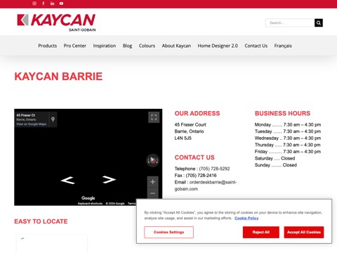 Screenshot of the Kaycan homepage, www.kaycan.com/kaycan-canadian-branches/kaycan-barrie/?utm_source=gmb&utm_medium=organic&utm_campaign=gmb-barrie, captured 2026-08-19, shown as the evidence for this review