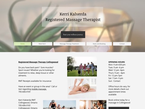 Screenshot of the Kerri Kalverda RMT Massage Therapy homepage, www.kerrikalverdarmt.ca, captured 2026-08-19, shown as the evidence for this review