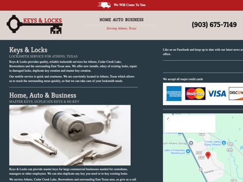 Screenshot of the Keys & Locks homepage, www.keysandlocksathens.com, captured 2026-08-13, shown as the evidence for this review