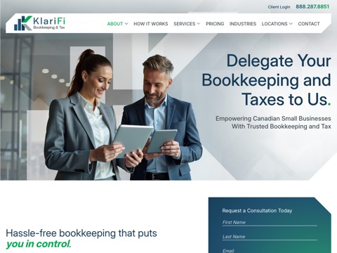 Screenshot of the KlariFi Bookkeeping & Tax homepage, klarifi.com, captured 2026-08-19, shown as the evidence for this review