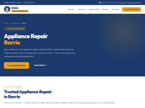 Screenshot of the KMG Appliance Repair Barrie website