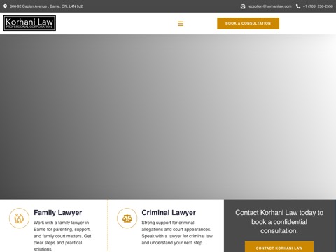 Screenshot of the Korhani Law Professional Corporation Barrie Family and Criminal Lawyer website