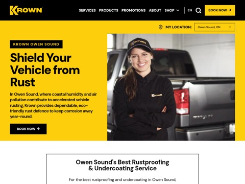 Screenshot of the Krown Rust Control homepage, krown.com/en/dealers/owen-sound-on-172, captured 2026-08-19, shown as the evidence for this review