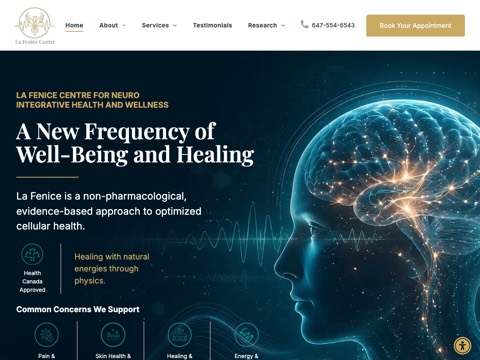 Screenshot of the LA FENICE CENTRE FOR NEURO INTEGRATIVE HEALTH homepage, www.lafenicecentre.com/?utm_campaign=gmb, captured 2026-08-19, shown as the evidence for this review