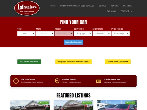 Screenshot of the Lafreniere Auto Sales & Service homepage, lafreniereauto.com, captured 2026-08-19, shown as the evidence for this review