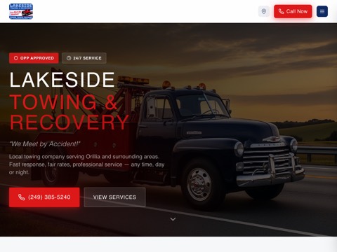 Screenshot of the Lakeside Towing and Recovery homepage at www.lakesidetowingorillia.com, captured 2026-08-19, shown as the evidence for the review on this page