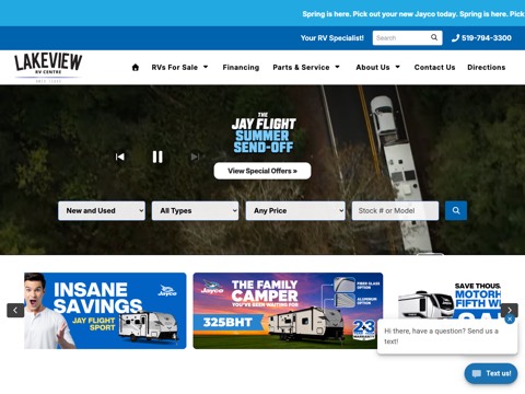Screenshot of the Lakeview RV Centre homepage, www.lakeviewrv.ca/?utm_source=gmb&utm_medium=gmb&utm_campaign=googlemb&utm_id=Lakeview+RV&utm_content=gmb, captured 2026-08-19, shown as the evidence for this review