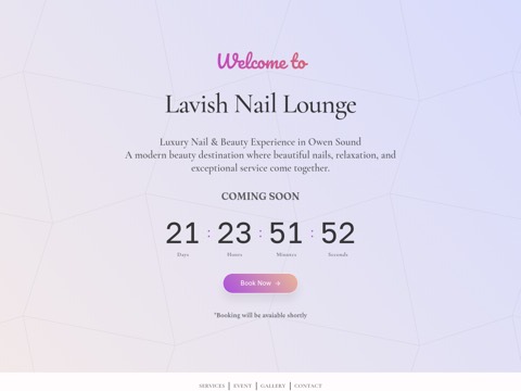 Screenshot of the LAVISH NAIL LOUNGE OWEN SOUND homepage, lavishnailloungeowensound.ca, captured 2026-08-19, shown as the evidence for this review