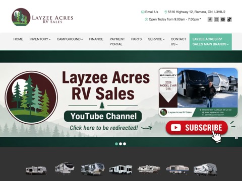 Screenshot of the Layzee Acres RV Sales homepage at www.layzeeacres.com, captured 2026-08-19, shown as the evidence for the review on this page