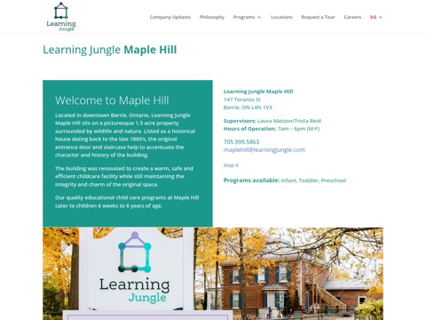 Screenshot of the Learning Jungle Maple Hill homepage, www.learningjungle.com/en-CA/maplehill, captured 2026-08-19, shown as the evidence for this review