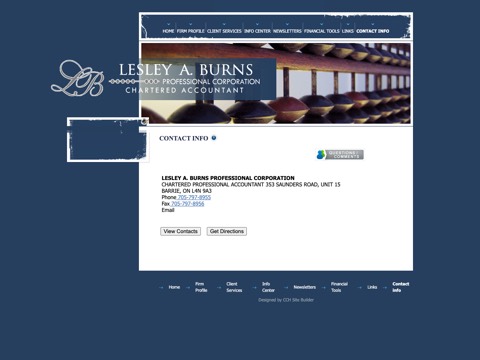 Screenshot of the Lesley A. Burns Professional Corporation homepage, www.lesleyburns.ca/contact_us.html, captured 2026-08-19, shown as the evidence for this review