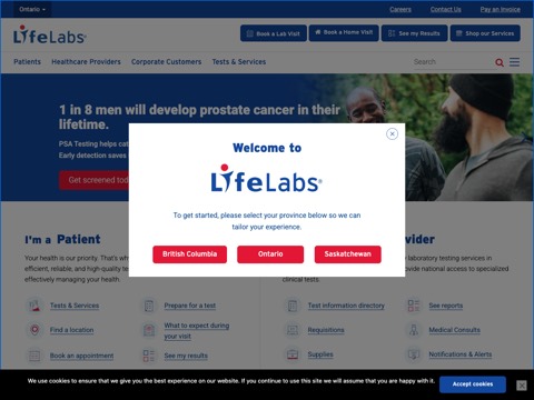 Screenshot of the LifeLabs Medical Laboratory Services homepage at www.lifelabs.com, captured 2026-08-19, shown as the evidence for the review on this page