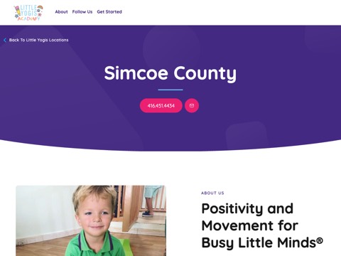 Screenshot of the Little Yogis Academy Simcoe County homepage, www.littleyogisacademy.com/locations/simcoe-county, captured 2026-08-19, shown as the evidence for this review