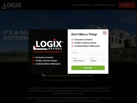 Screenshot of the LogixICF | Insulated Concrete Forms homepage, logixicf.com, captured 2026-08-13, shown as the evidence for this review