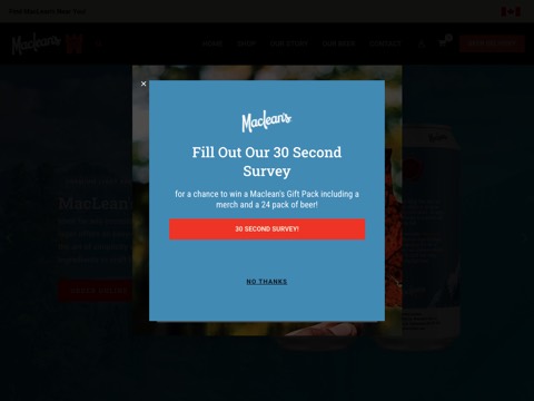 Screenshot of the MacLean’s Beer homepage at macleansbeer.com, captured 2026-08-19, shown as the evidence for the review on this page