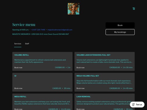Screenshot of the MAJESTIC MONARCH LASHES homepage, majestic-monarch.square.site, captured 2026-08-19, shown as the evidence for this review
