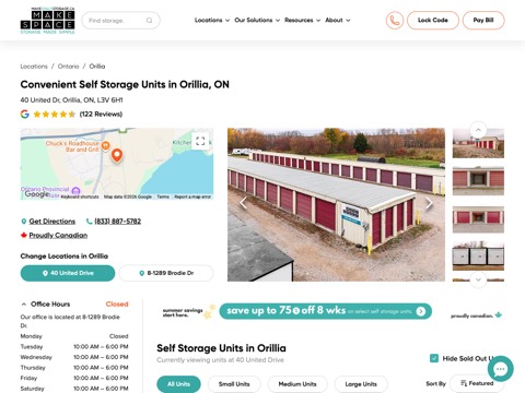 Screenshot of the Make Space Storage - Orillia homepage, makespacestorage.ca/self-storage/orillia?facility=united-drive&utm_source=google&utm_medium=organic&utm_campaign=google_maps, captured 2026-08-19, shown as the evidence for this review