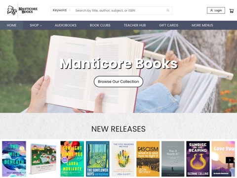 Screenshot of the Manticore Books homepage, manticorebooks.ca, captured 2026-08-19, shown as the evidence for this review