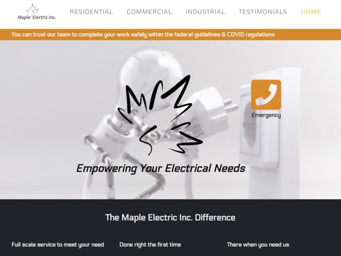 Screenshot of the Maple Electric Inc. homepage, mapleelectric.ca, captured 2026-08-19, shown as the evidence for this review