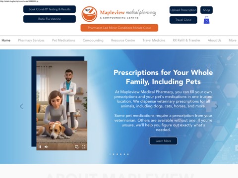 Screenshot of the Mapleview Medical Pharmacy & Compounding Centre homepage, www.mapleviewpharmacy.com, captured 2026-08-19, shown as the evidence for this review