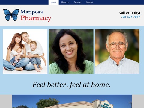 Screenshot of the Mariposa Pharmacy homepage, www.mariposapharmacy.com/?utm_source=Google%20My%20Business%20Barrie&utm_medium=YPManagment&utm_campaign=Orillia, captured 2026-08-19, shown as the evidence for this review