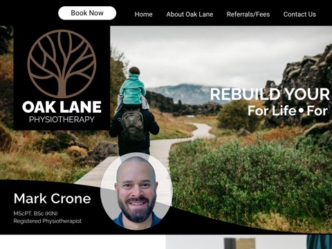 Screenshot of the Mark Crone - Oak Lane Physiotherapy homepage, www.oaklanephysio.ca, captured 2026-08-13, shown as the evidence for this review