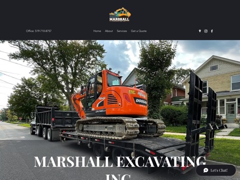 Screenshot of the Marshall Excavating Inc homepage, www.marshallexcavatinginc.ca, captured 2026-08-13, shown as the evidence for this review