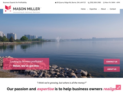 Screenshot of the Mason Miller Accounting & Advisory Services homepage, masonmiller.ca, captured 2026-08-19, shown as the evidence for this review