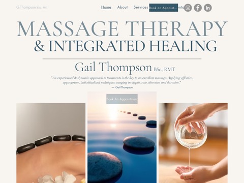 Screenshot of the Massage Therapy & Integrated Healing-Gail Thompson RMT & Owner-Georgian Centre homepage, www.gailthompsonrmt.ca, captured 2026-08-19, shown as the evidence for this review