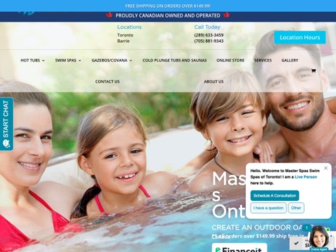 Screenshot of the Master Spas of Ontario (Barrie) homepage, masterspasontario.com, captured 2026-08-19, shown as the evidence for this review