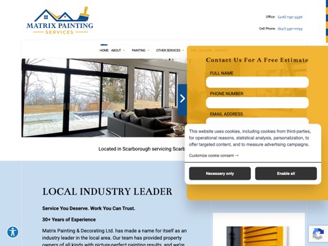 Screenshot of the Matrix Painting & Decorating LTD homepage, matrixpainting.ca, captured 2026-08-13, shown as the evidence for this review