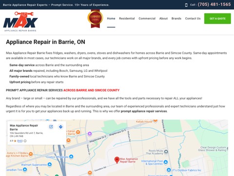 Screenshot of the Max Appliance Repair Barrie website