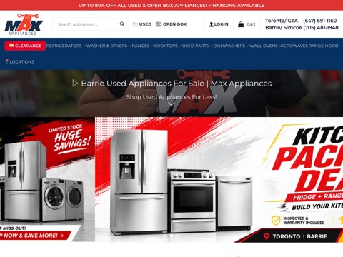 Screenshot of the Max Used Appliances Barrie | Open Box Appliances website