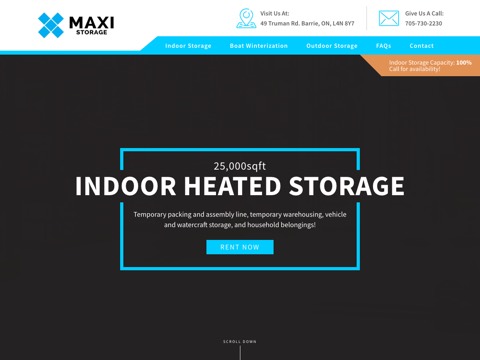 Screenshot of the Maxi Storage homepage, maxistorage.ca, captured 2026-08-19, shown as the evidence for this review