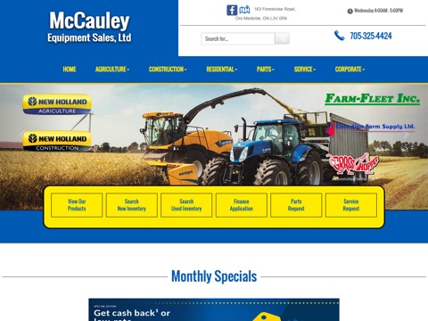 Screenshot of the McCauley Equipment Sales homepage, mccauleyequipment.com, captured 2026-08-19, shown as the evidence for this review