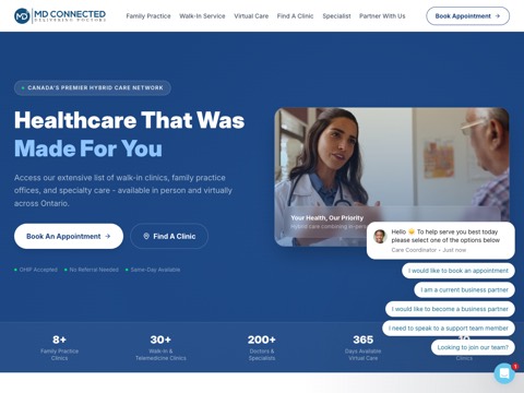 Screenshot of the MD Connected homepage, www.mdconnected.ca, captured 2026-08-19, shown as the evidence for this review
