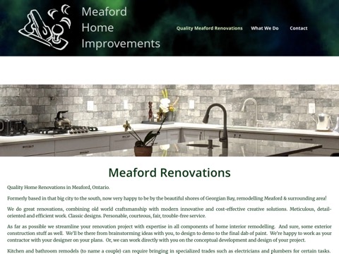 Screenshot of the Meaford Home Improvements homepage at meafordhomeimprovements.ca, captured 2026-08-13, shown as the evidence for the review on this page