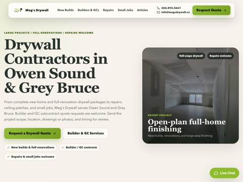 Screenshot of the Meg's Drywall website