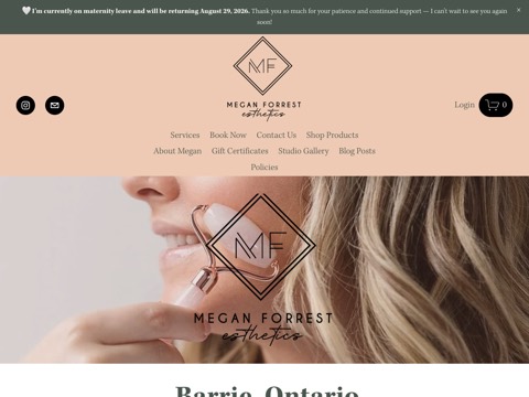 Screenshot of the Megan Forrest Esthetics homepage, www.meganforrestesthetics.ca, captured 2026-08-19, shown as the evidence for this review