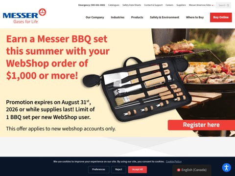 Screenshot of the Messer Industrial Gas & Welding Supplies | Barrie website
