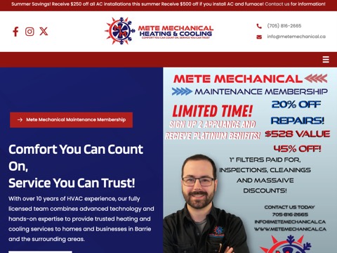 Screenshot of the Mete Mechanical - Heating & Cooling homepage, metemechanical.ca, captured 2026-08-19, shown as the evidence for this review