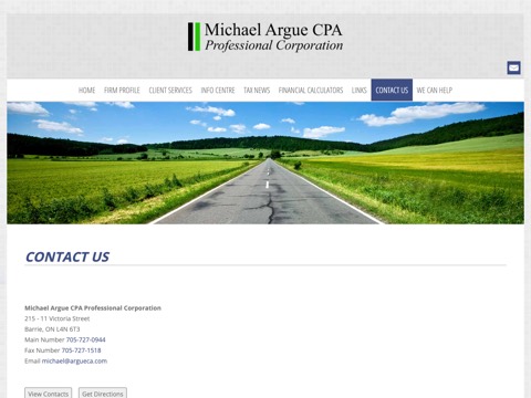 Screenshot of the Michael Argue CPA Professional Corporation homepage, www.argueca.com/contact_us.html, captured 2026-08-19, shown as the evidence for this review