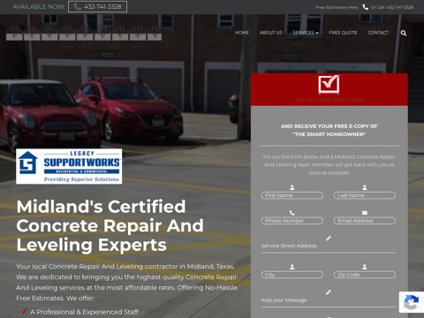 Screenshot of the Midland Concrete Repair And Leveling homepage, midlandconcreterepairandleveling.com, captured 2026-08-13, shown as the evidence for this review